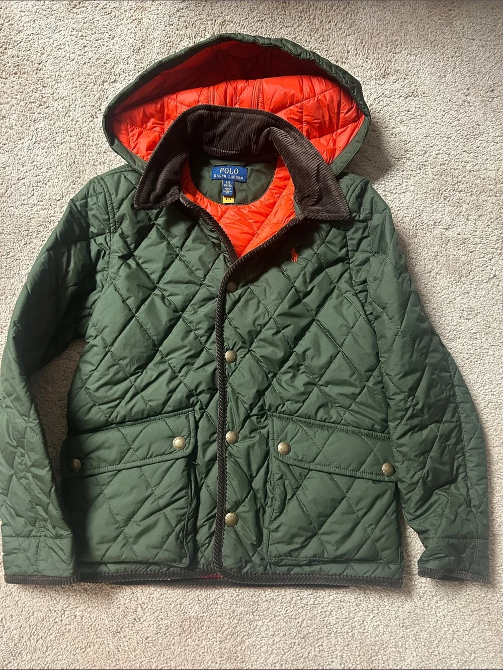 Polo by Ralph Lauren Quilted Hooded Puffer Jacket in Green with Orange Lining